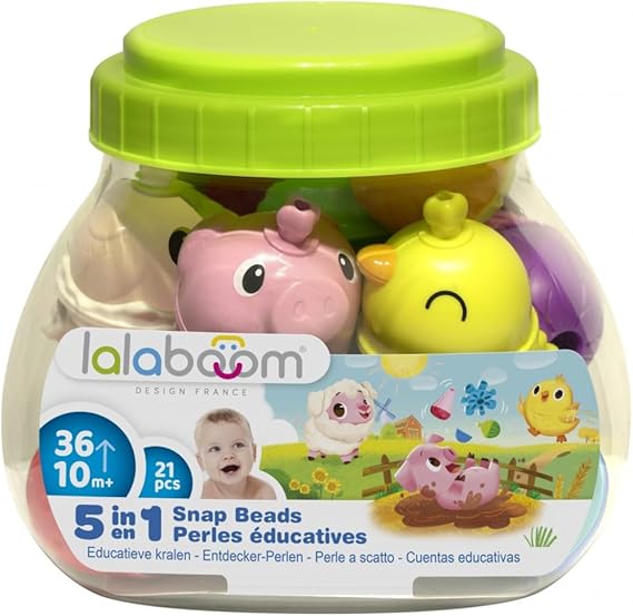 Lalaboom Barrel of Educational Beads and 3 Farm Animal Beads